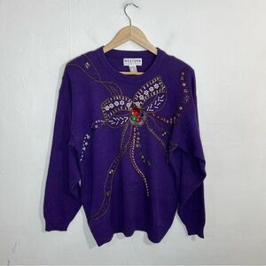 Western Connection Vintage Purple Bow Ribbon Sequins Beaded Sweater Size Medium